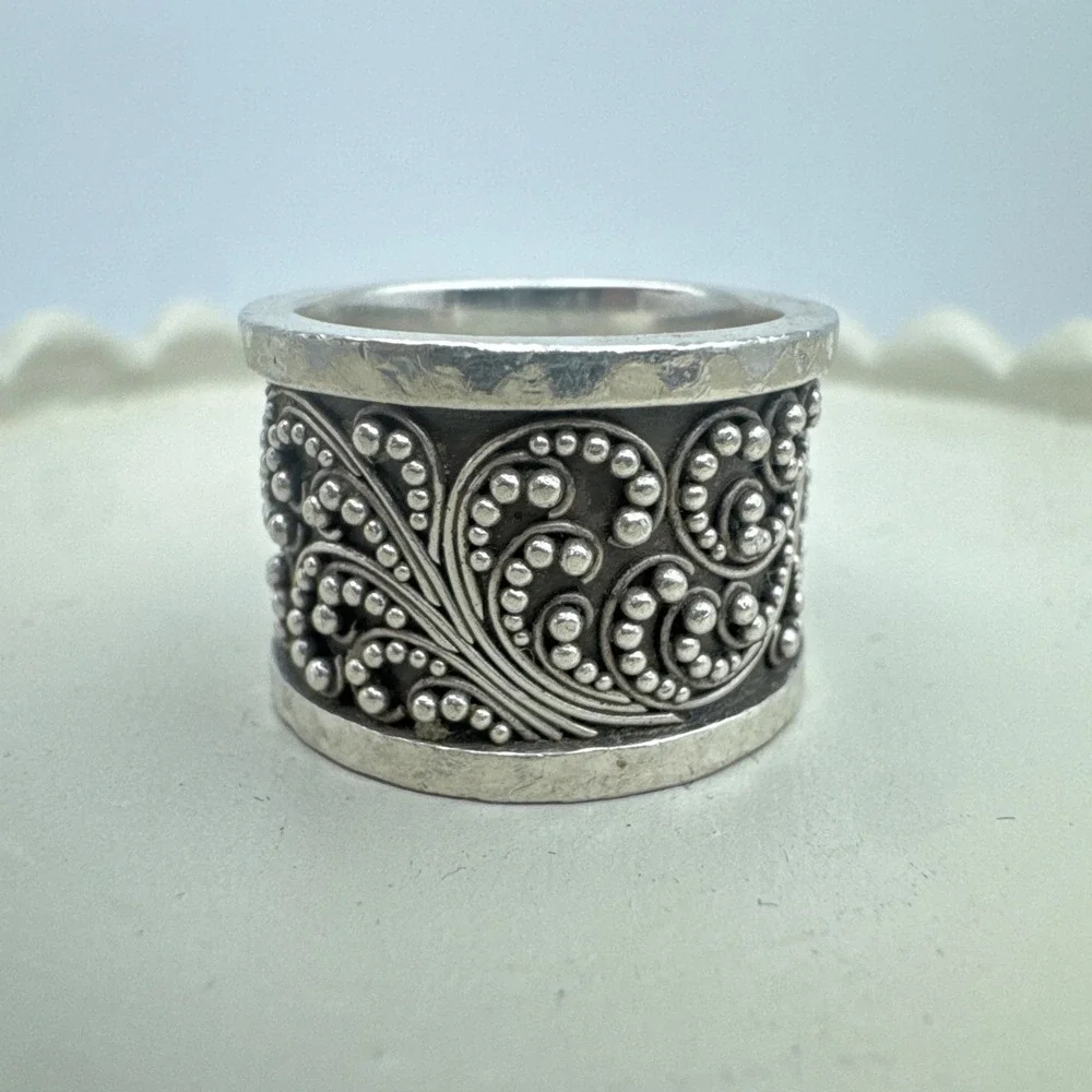 LOIS HILL Sterling Silver BEADED GRANULATED SCROLL DESIGN WIDE BAND RING size 7